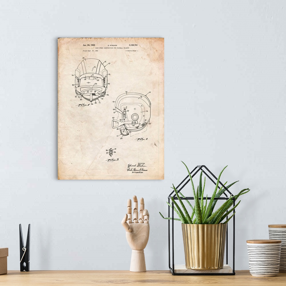 A bohemian room featuring Vintage Parchment Face Mask Football Helmet 1965 Patent