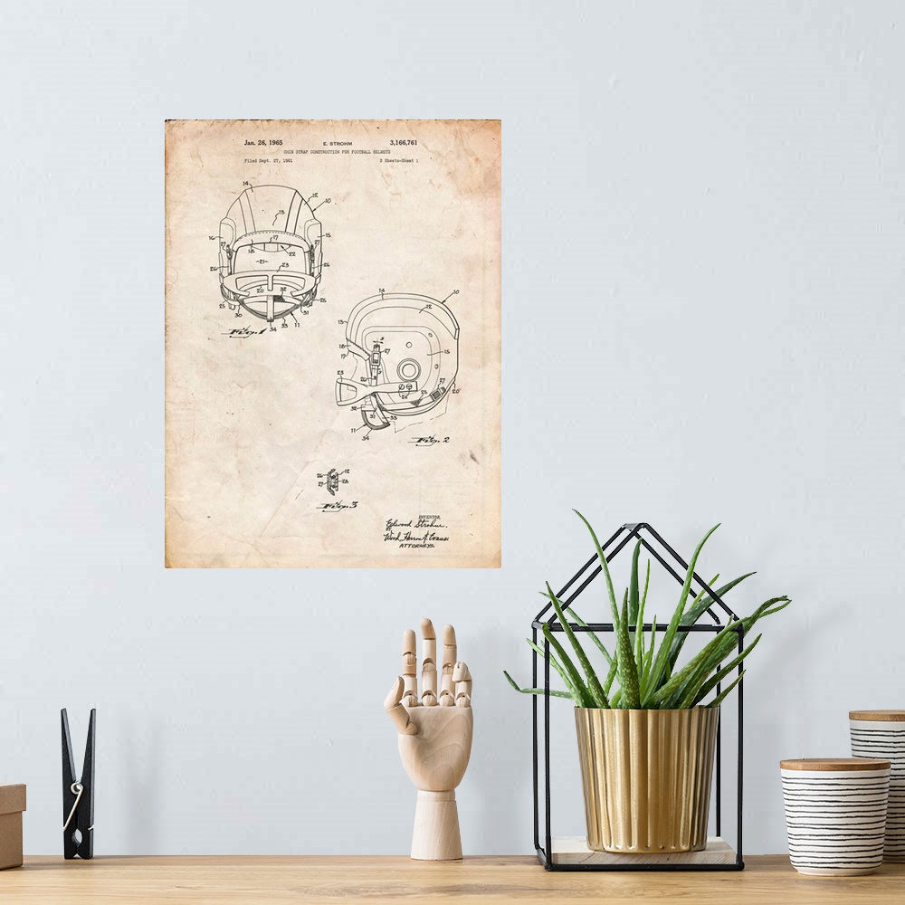 A bohemian room featuring Vintage Parchment Face Mask Football Helmet 1965 Patent