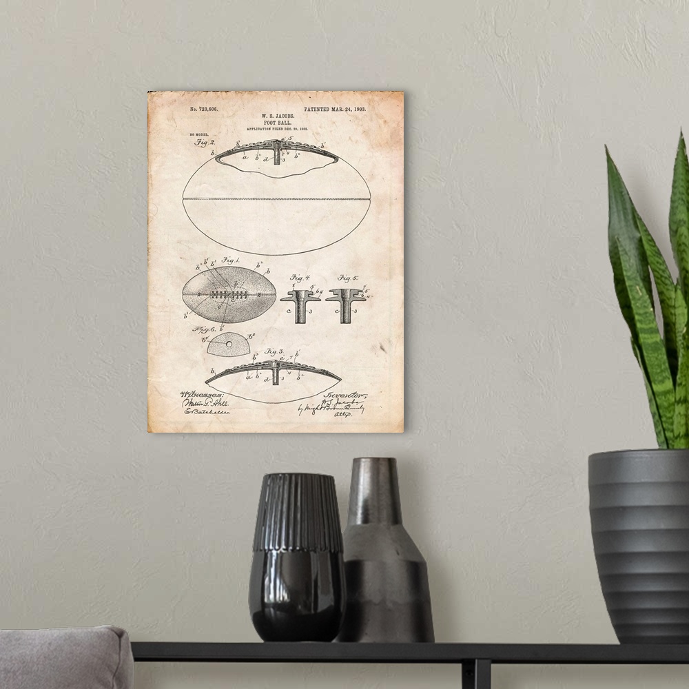 A modern room featuring Vintage Parchment Football Game Ball 1902 Patent Poster