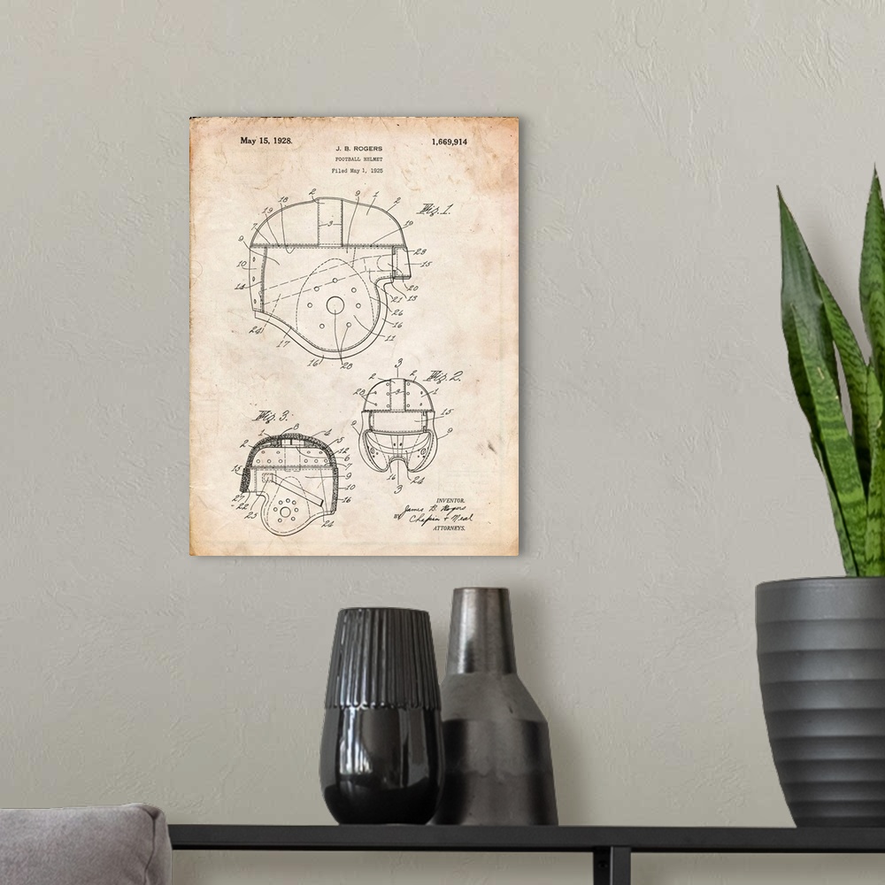 A modern room featuring Vintage Parchment Football Helmet 1925 Patent Poster
