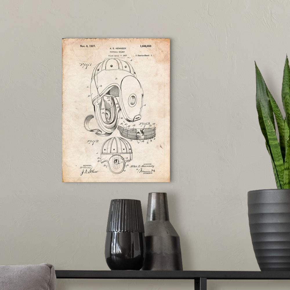 A modern room featuring Vintage Parchment Football Leather Helmet 1927 Patent Poster
