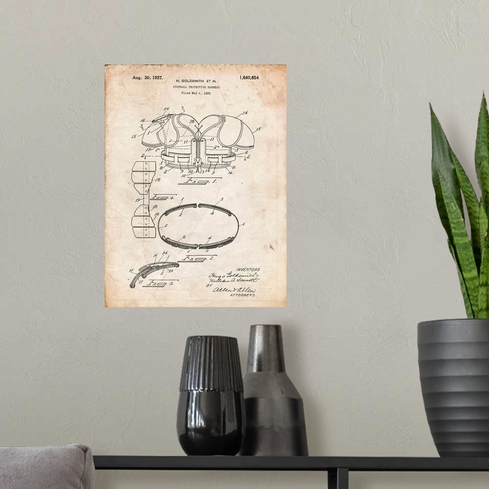 A modern room featuring Vintage Parchment Football Shoulder Pads 1925 Patent Poster