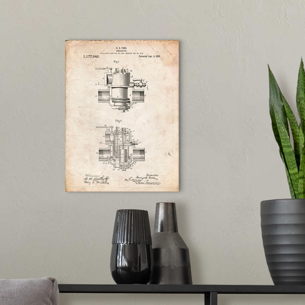 A modern room featuring Vintage Parchment Ford Carburetor 1916 Patent Poster