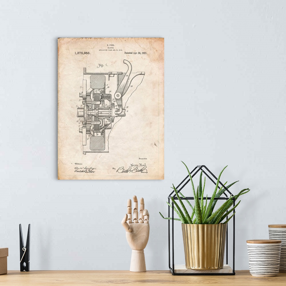 A bohemian room featuring Vintage Parchment Ford Clutch Patent Poster