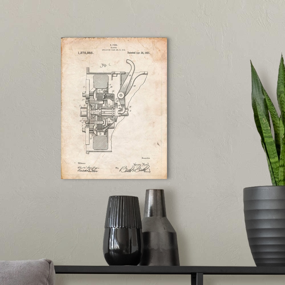 A modern room featuring Vintage Parchment Ford Clutch Patent Poster