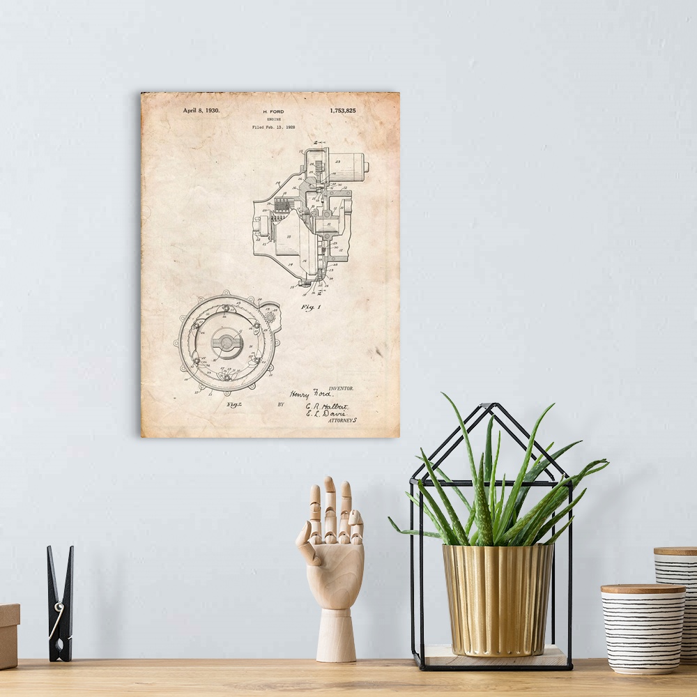 A bohemian room featuring Vintage Parchment Ford Engine 1930 Patent Poster