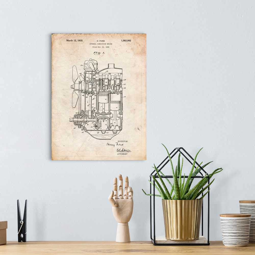 A bohemian room featuring Vintage Parchment Ford Internal Combustion Engine Patent Poster