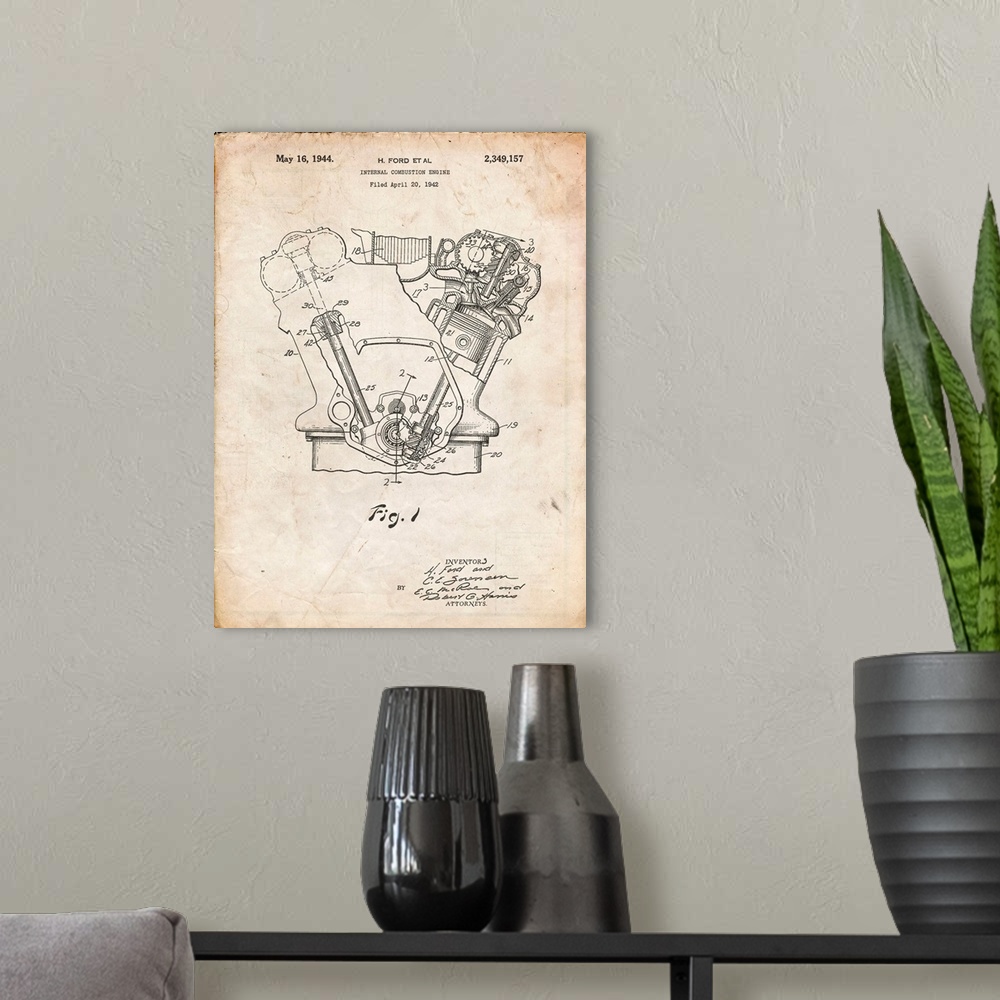 A modern room featuring Vintage Parchment Ford Internal Combustion Engine Poster