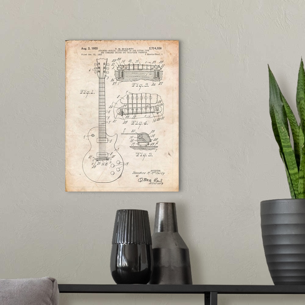 A modern room featuring Vintage Parchment Gibson Les Paul Guitar Patent Poster
