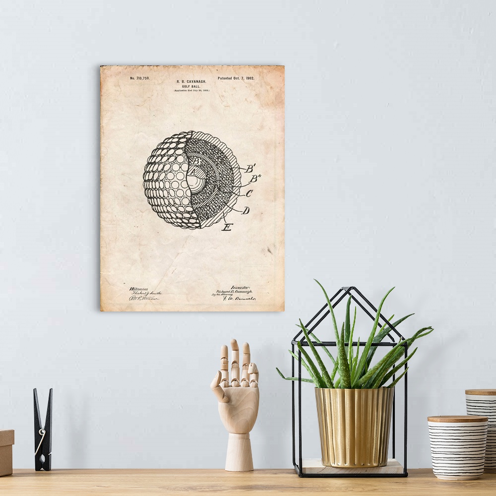A bohemian room featuring Vintage Parchment Golf Ball 1902 Patent Poster