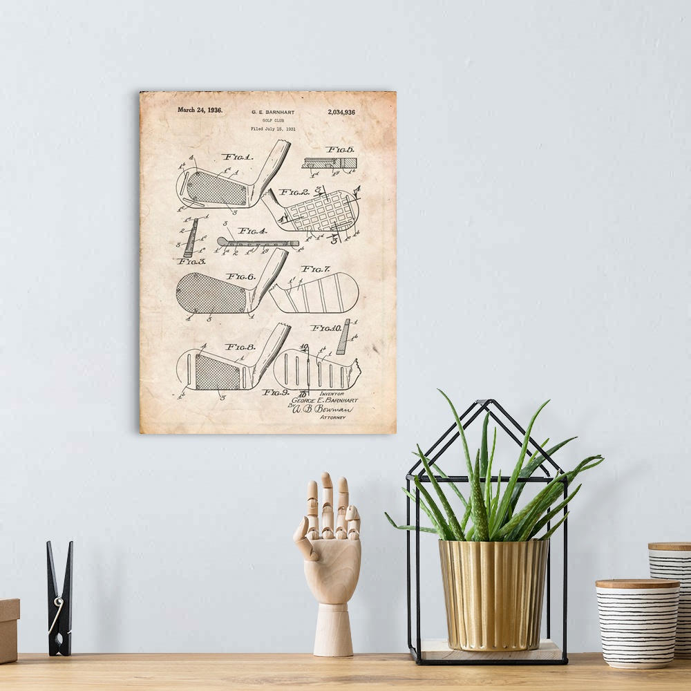 A bohemian room featuring Vintage Parchment Golf Club Faces Patent Poster