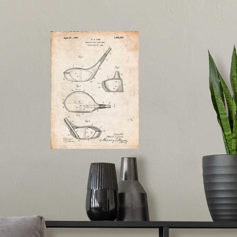 A modern room featuring Vintage Parchment Golf Driver 1925 Patent Poster