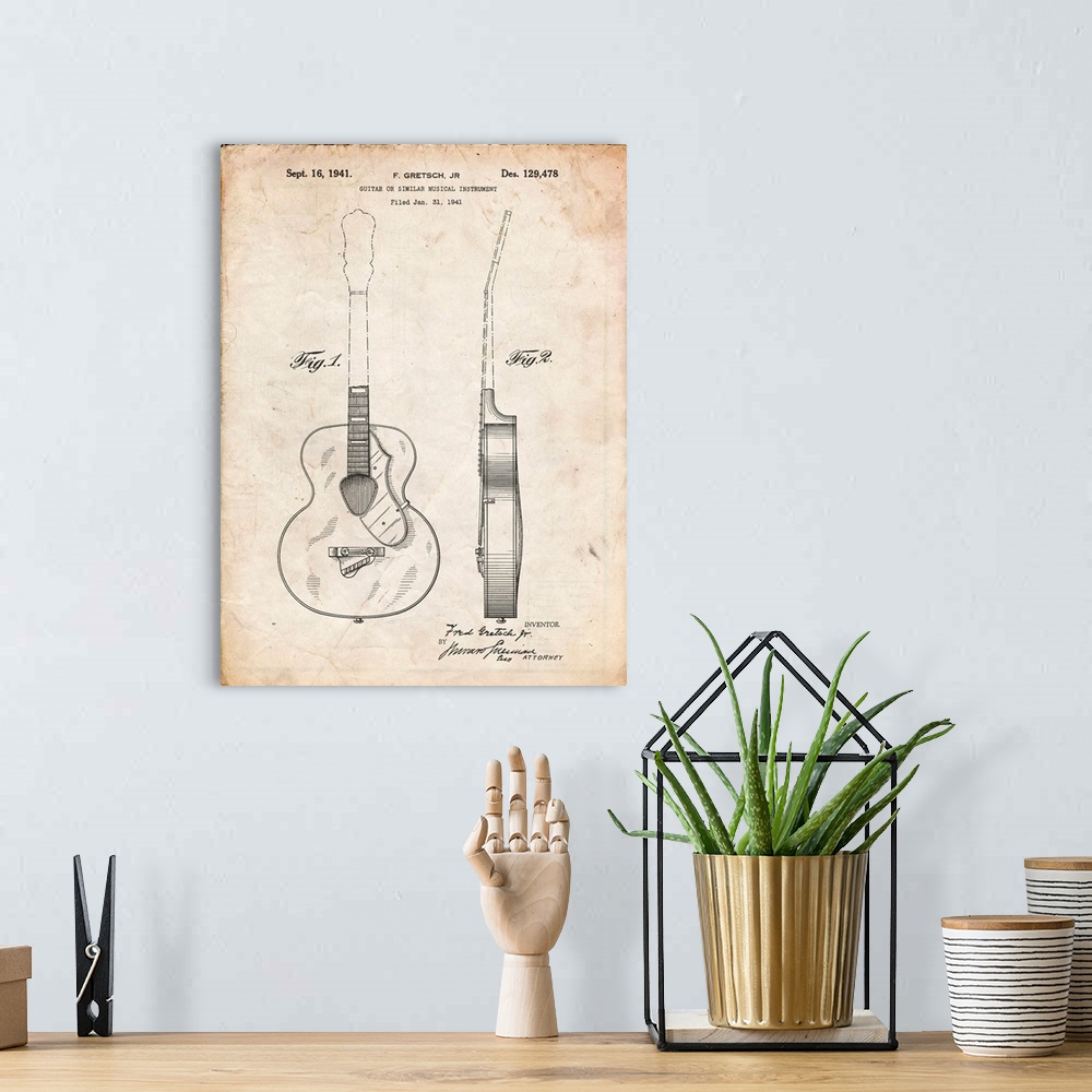 A bohemian room featuring Vintage Parchment Gretsch 6022 Rancher Guitar Patent Poster