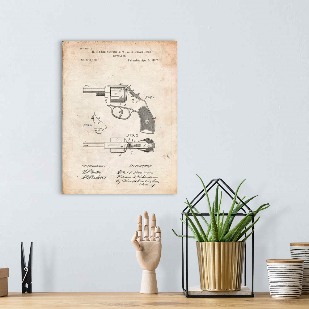 A bohemian room featuring Vintage Parchment H & R Revolver Pistol Patent Poster