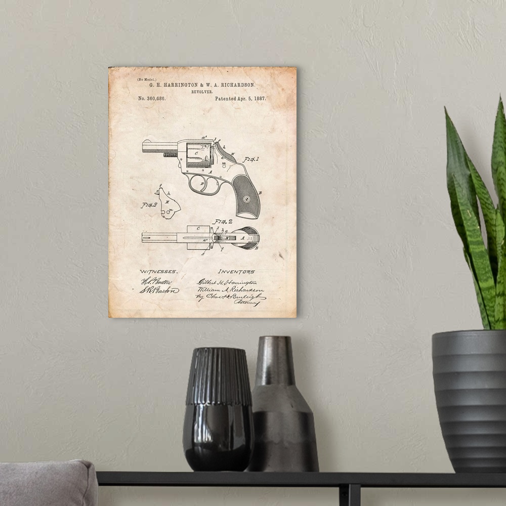 A modern room featuring Vintage Parchment H & R Revolver Pistol Patent Poster
