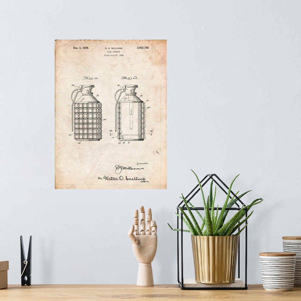 A bohemian room featuring Vintage Parchment Hand Grenade Patent Poster