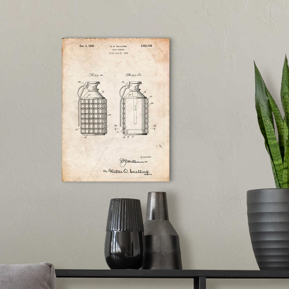 A modern room featuring Vintage Parchment Hand Grenade Patent Poster
