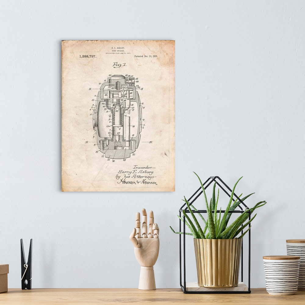 A bohemian room featuring Vintage Parchment Hand Grenade World War 1 Patent Poster