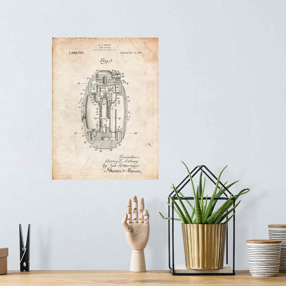 A bohemian room featuring Vintage Parchment Hand Grenade World War 1 Patent Poster