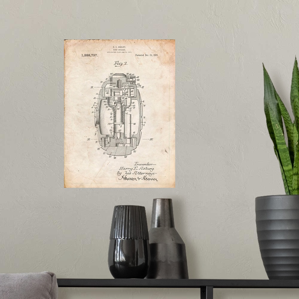 A modern room featuring Vintage Parchment Hand Grenade World War 1 Patent Poster
