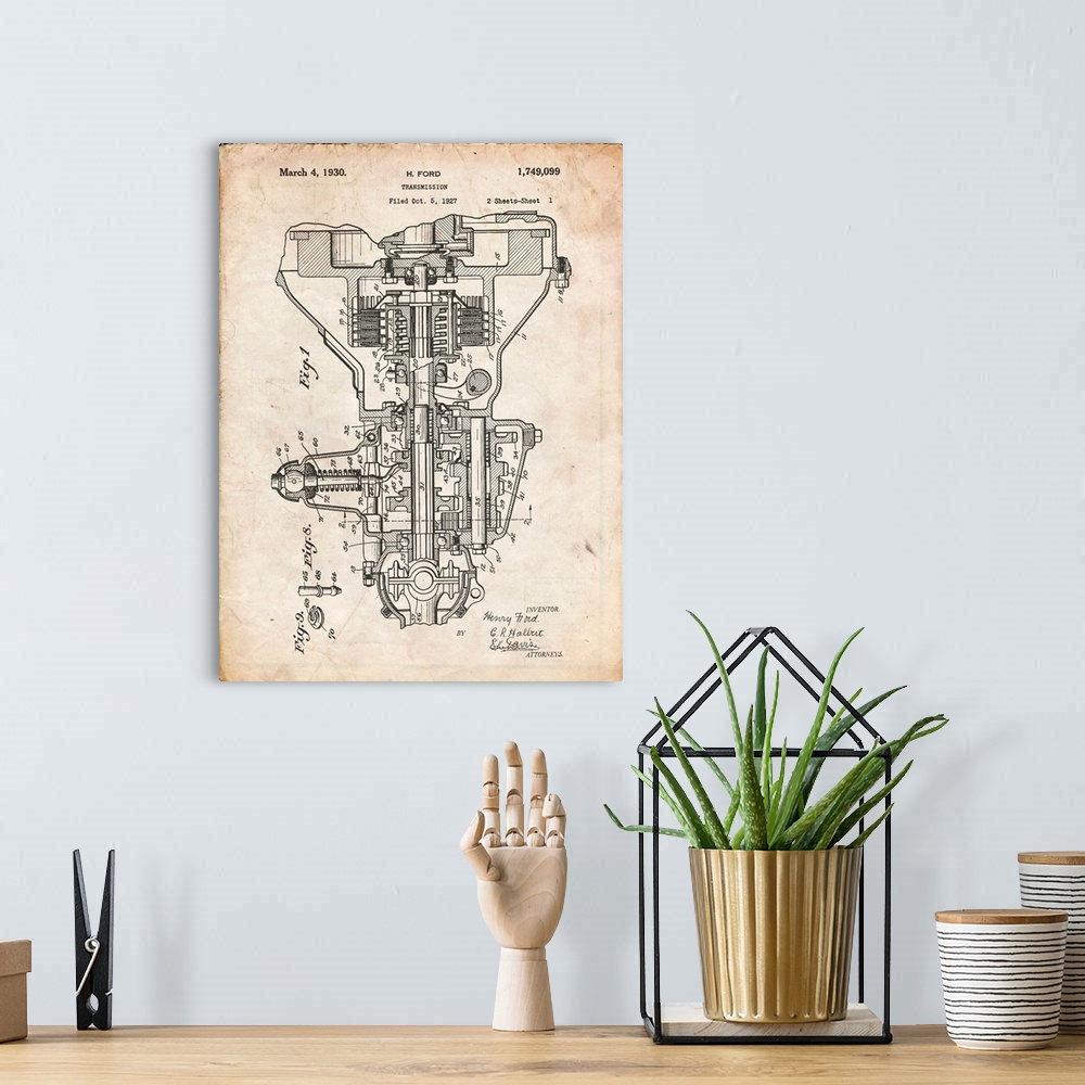 A bohemian room featuring Vintage Parchment Henry Ford Transmission Patent Poster