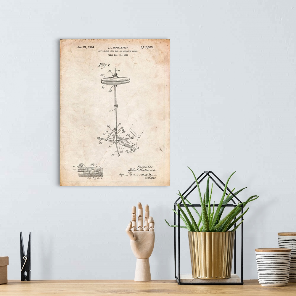 A bohemian room featuring Vintage Parchment Hi Hat Cymbal Stand And Pedal Patent Poster