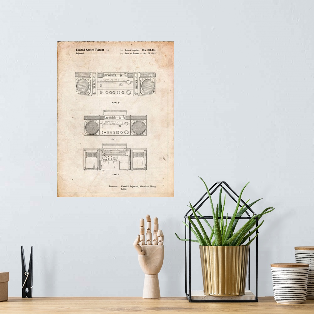 A bohemian room featuring Vintage Parchment Hitachi Boom Box Patent Poster