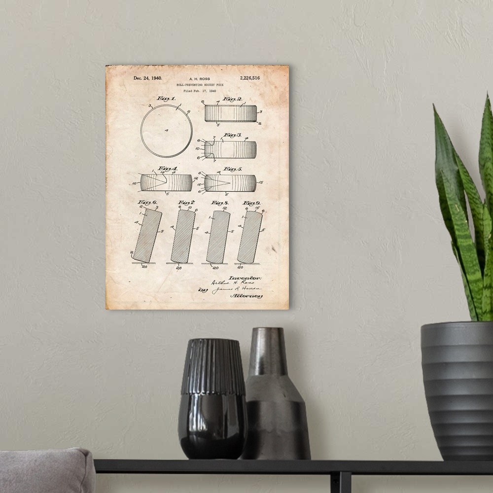 A modern room featuring Vintage Parchment Hockey Puck Patent Poster