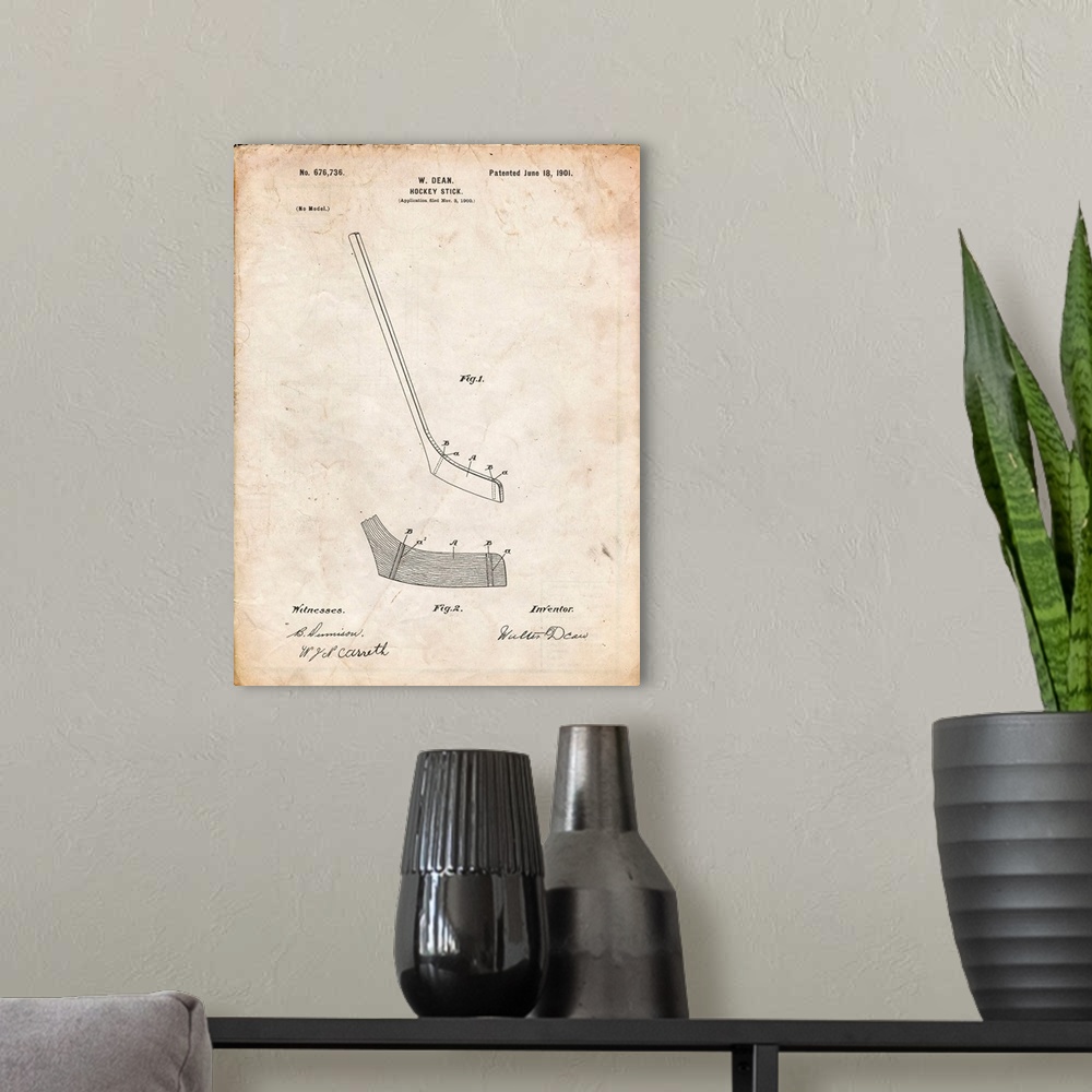 A modern room featuring Vintage Parchment Hockey Stick Patent Poster