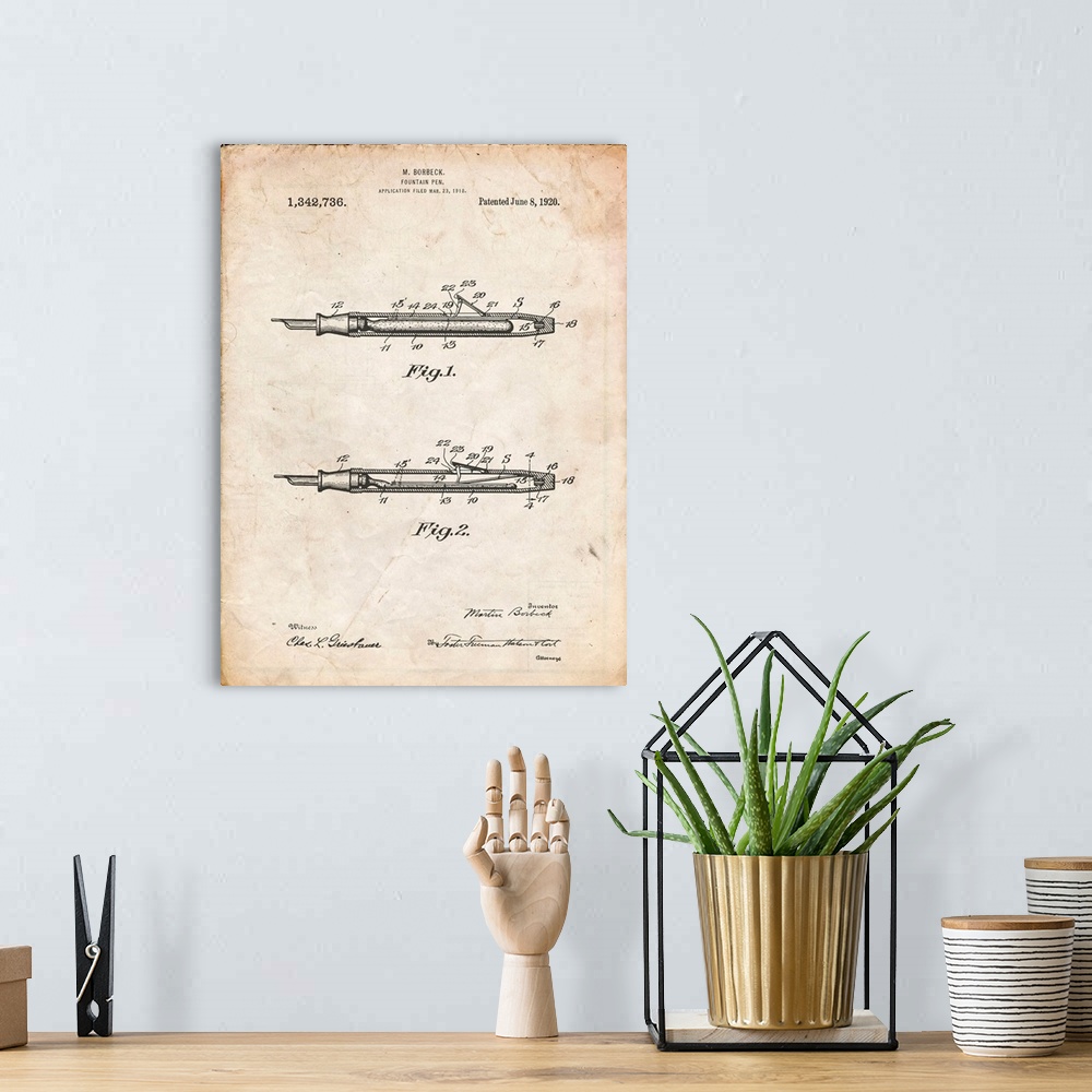 A bohemian room featuring Vintage Parchment Houston Fountain Pen Company 1920 Patent Poster