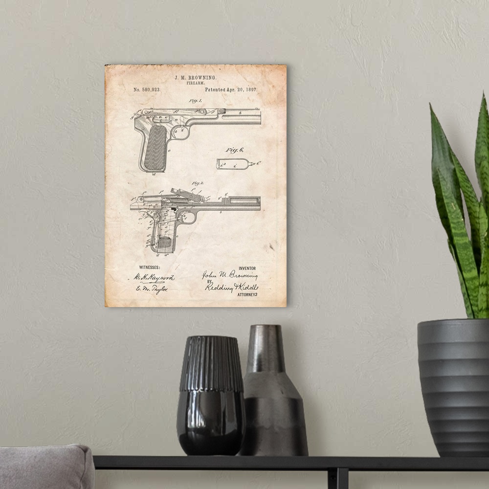 A modern room featuring Vintage Parchment J.M. Browning Pistol Patent Poster