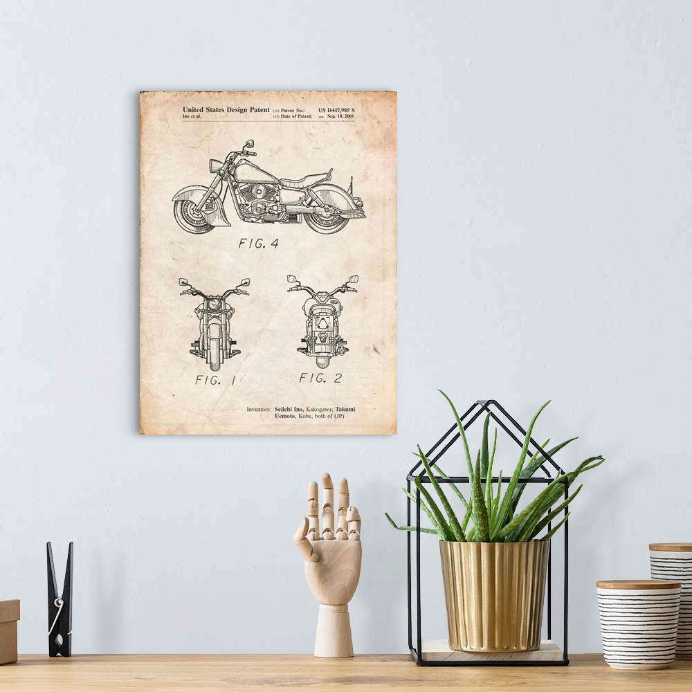 A bohemian room featuring Vintage Parchment Kawasaki Motorcycle Patent Poster