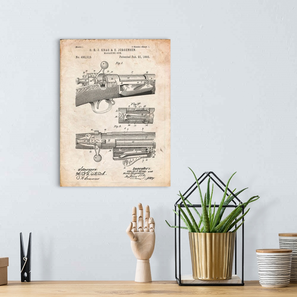 A bohemian room featuring Vintage Parchment Krag Jargensen Repeating Rifle Patent Print