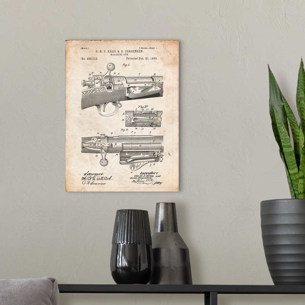 A modern room featuring Vintage Parchment Krag Jargensen Repeating Rifle Patent Print