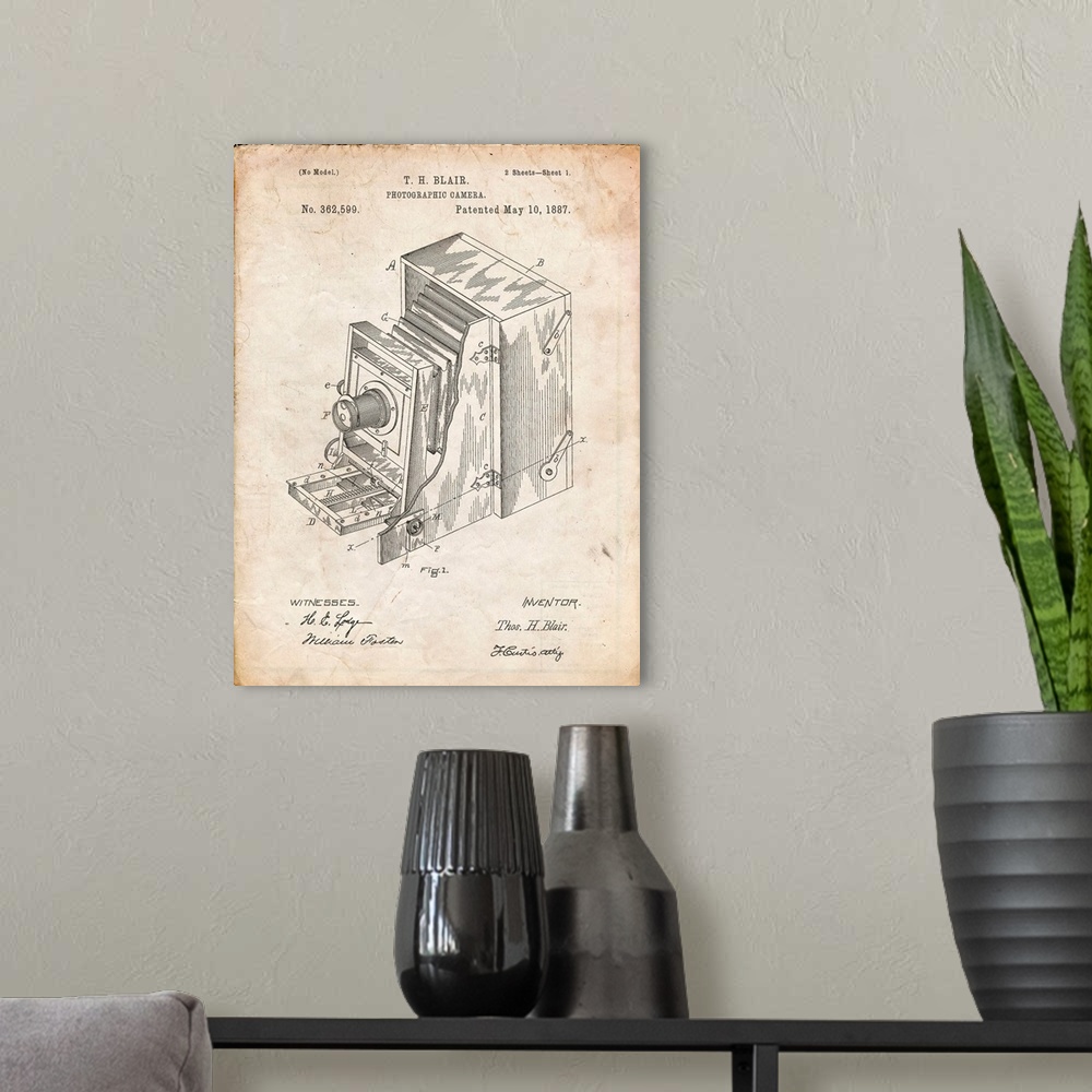A modern room featuring Vintage Parchment Lucidograph Camera Patent Poster