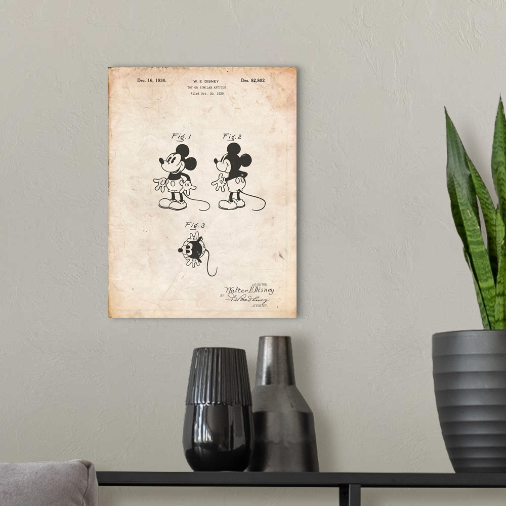 A modern room featuring Vintage Parchment Mickey Mouse 1929 Patent Poster