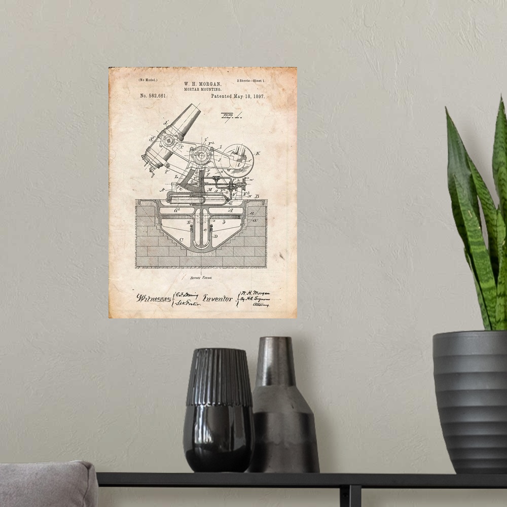 A modern room featuring Vintage Parchment Military Mortar Launcher Patent Poster