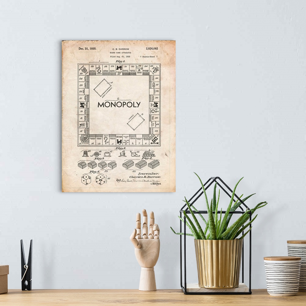 A bohemian room featuring Vintage Parchment Monopoly Patent Poster