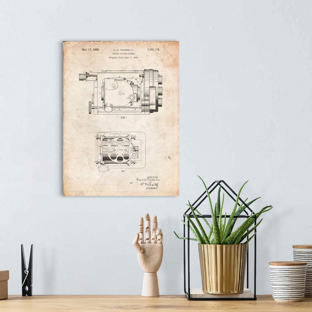A bohemian room featuring Vintage Parchment Motion Picture Camera 1932 Patent Poster