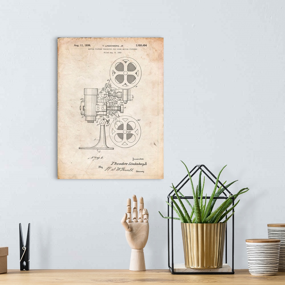 A bohemian room featuring Vintage Parchment Movie Projector 1933 Patent Poster