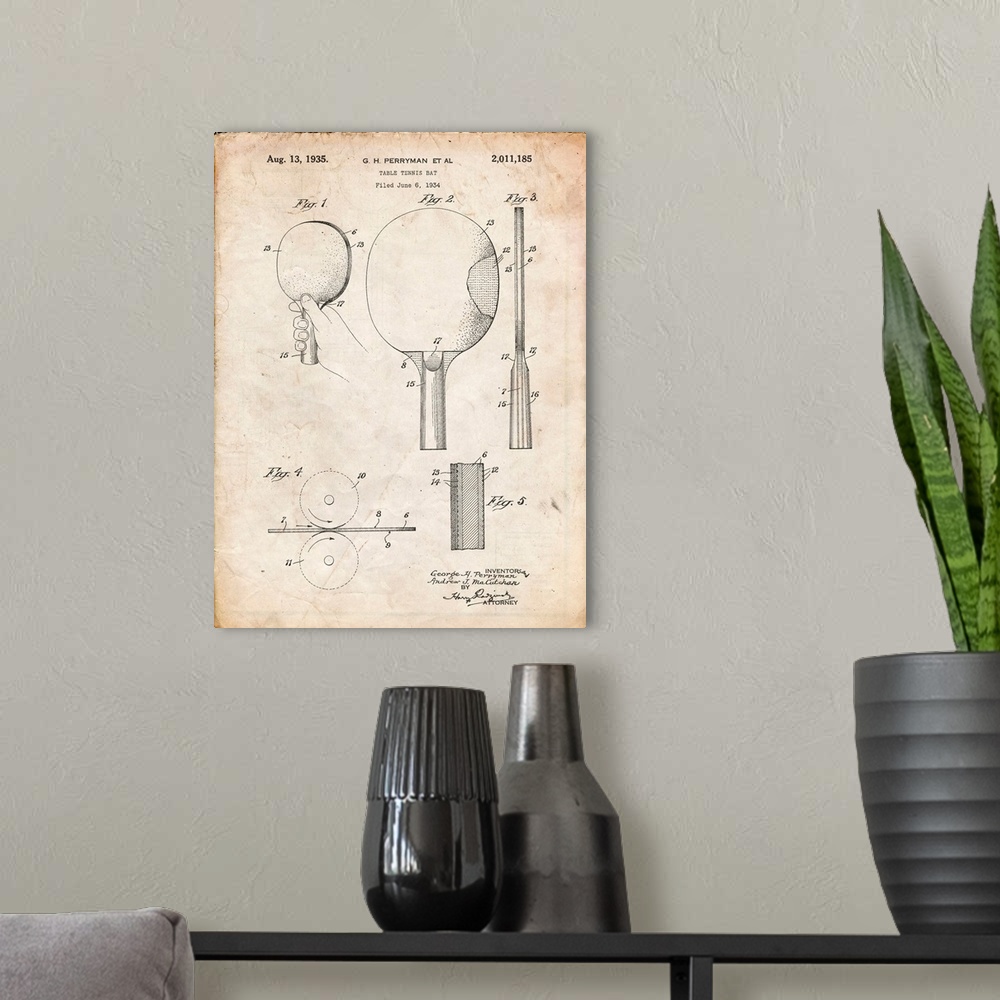 A modern room featuring Vintage Parchment Ping Pong Paddle Patent Poster