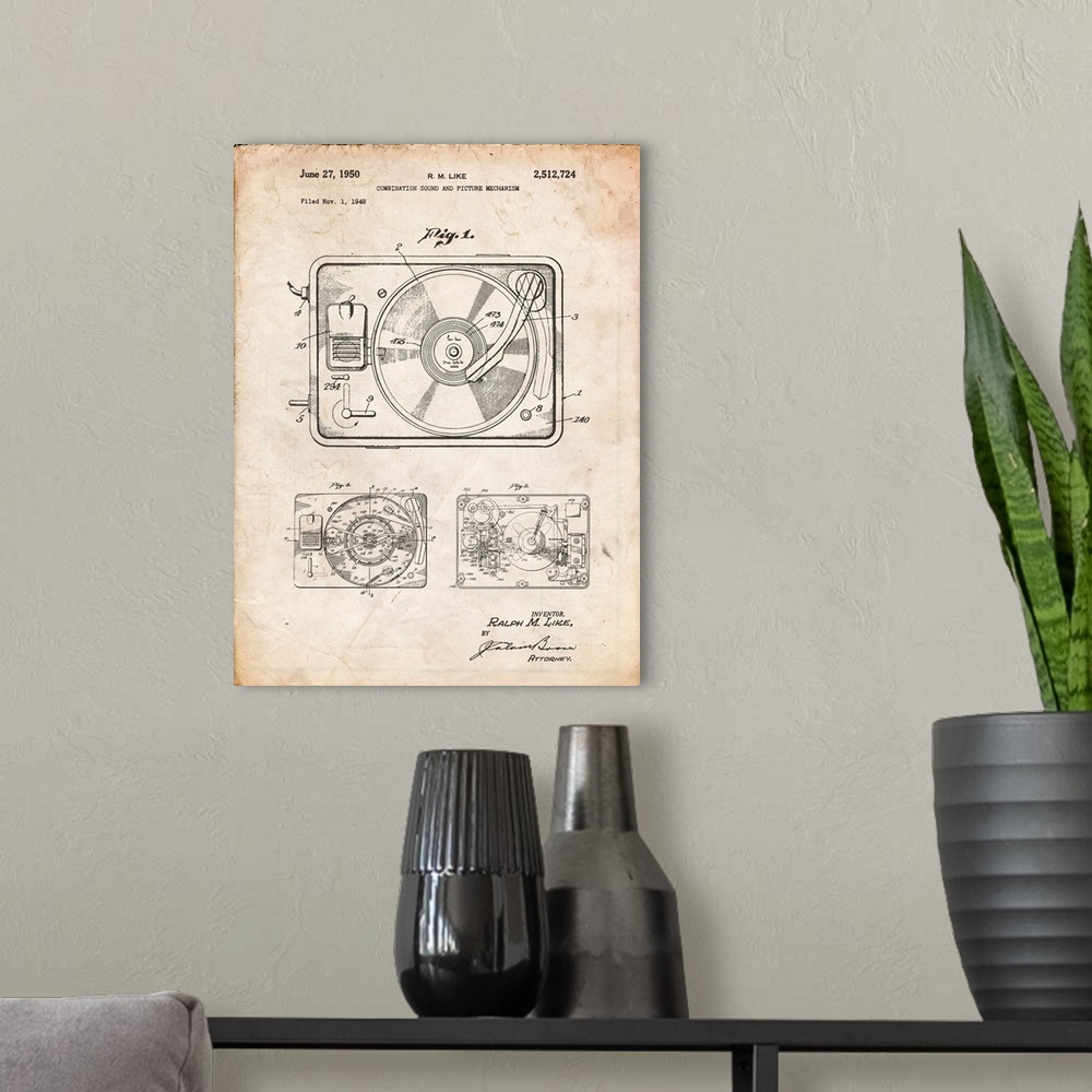 A modern room featuring Vintage Parchment Record Player Patent Poster