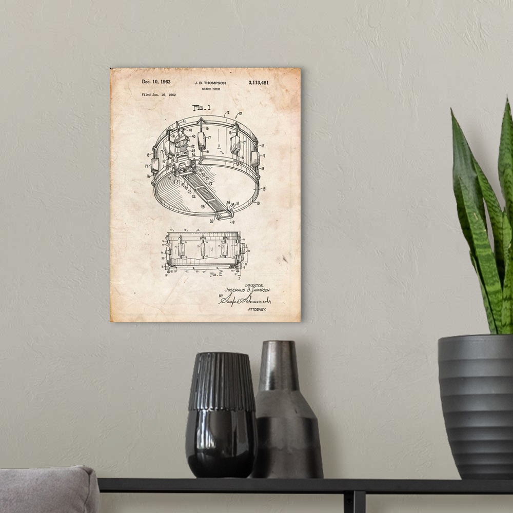 A modern room featuring Vintage Parchment Rogers Snare Drum Patent Poster