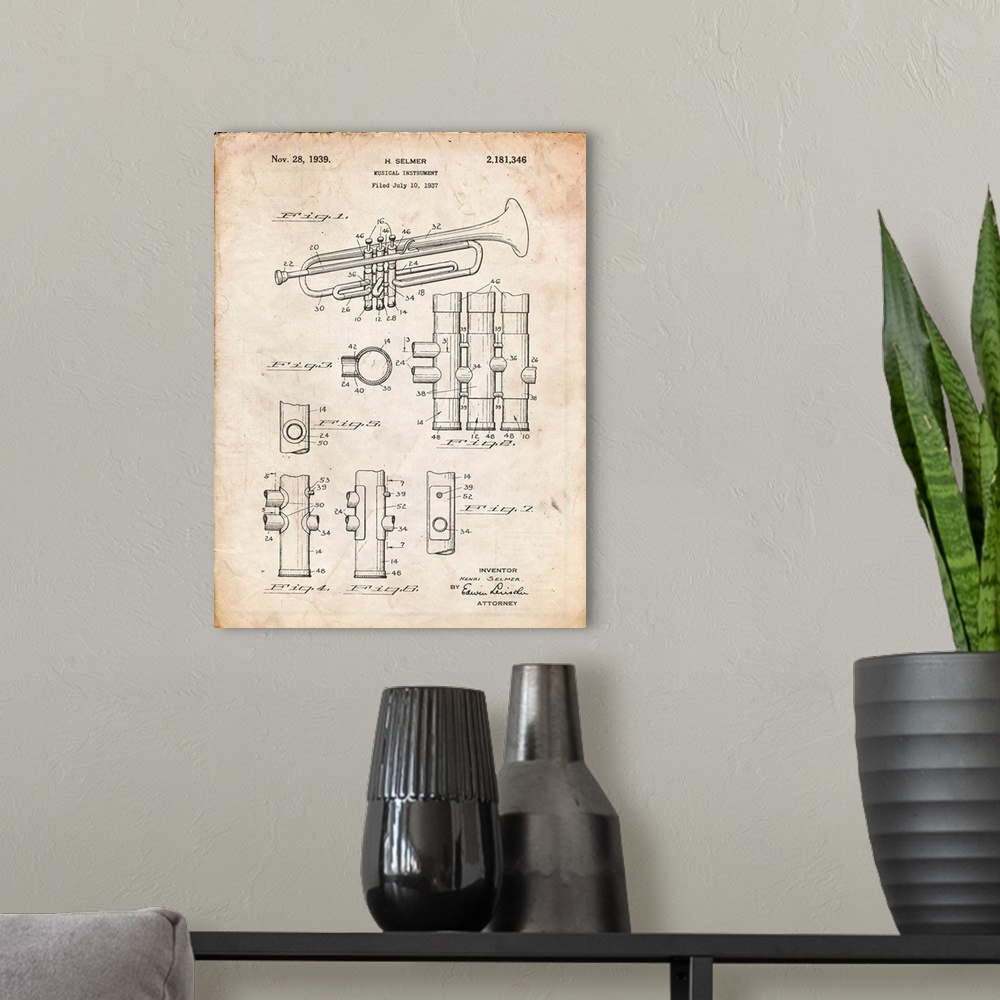 A modern room featuring Vintage Parchment Selmer 1939 Trumpet Patent Poster