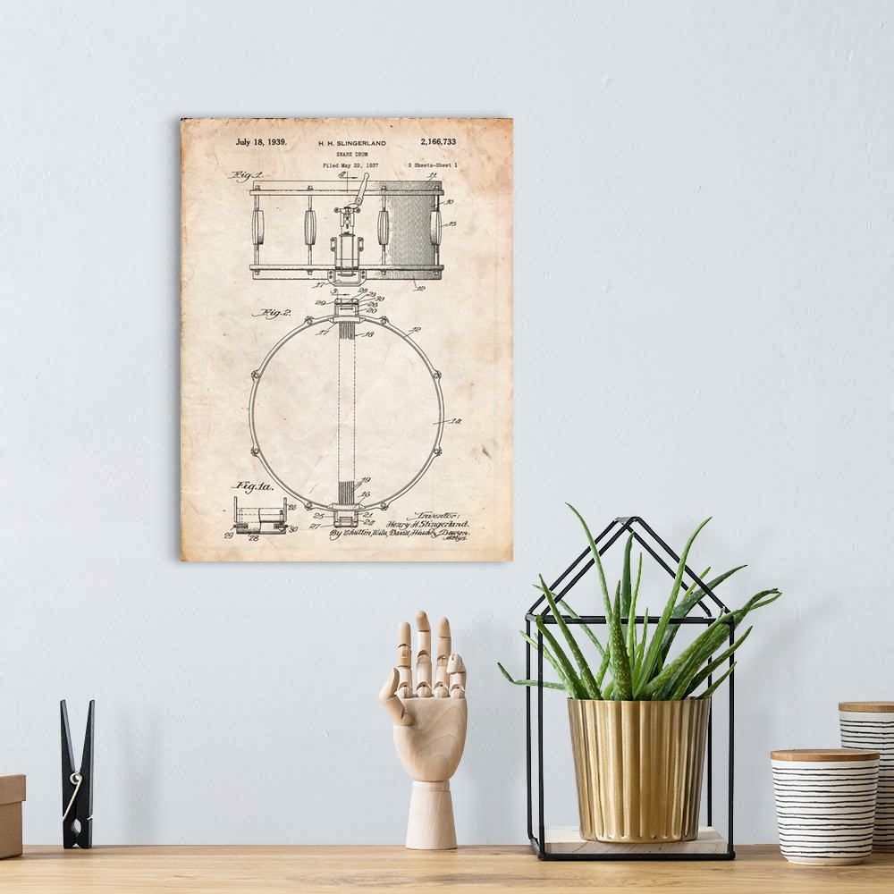 A bohemian room featuring Vintage Parchment Slingerland Snare Drum Patent Poster