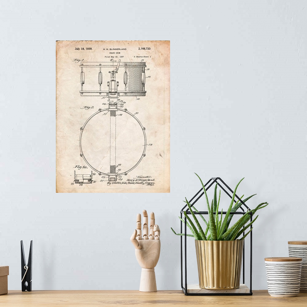 A bohemian room featuring Vintage Parchment Slingerland Snare Drum Patent Poster