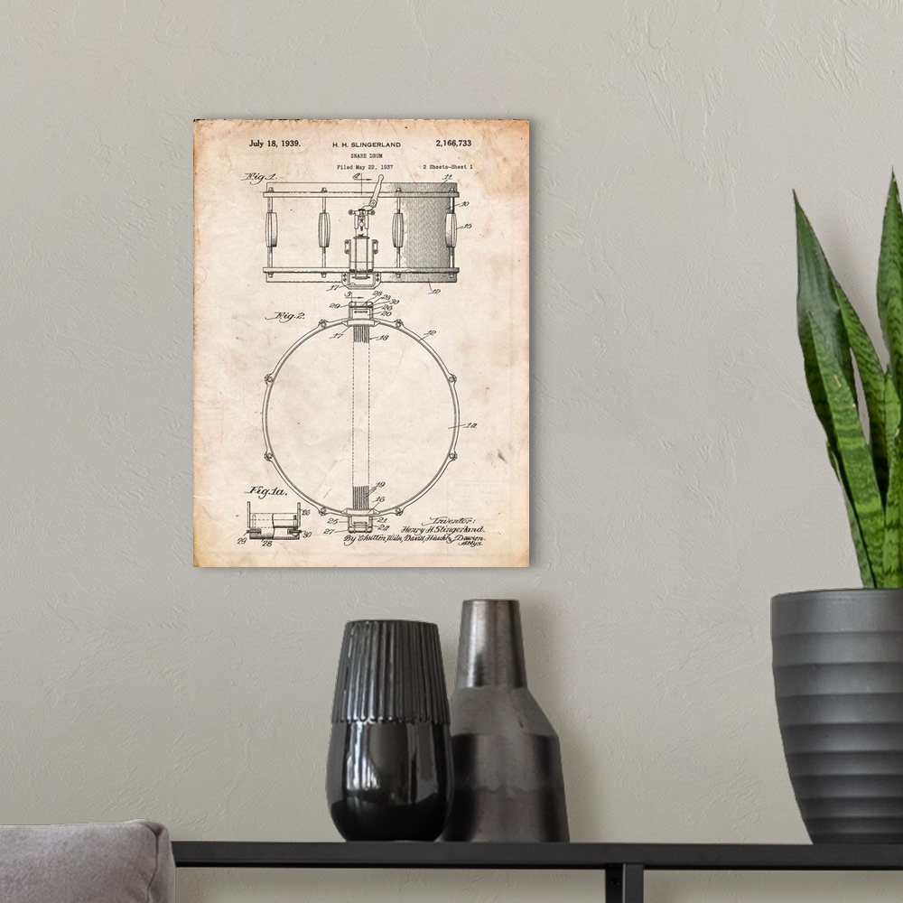 A modern room featuring Vintage Parchment Slingerland Snare Drum Patent Poster