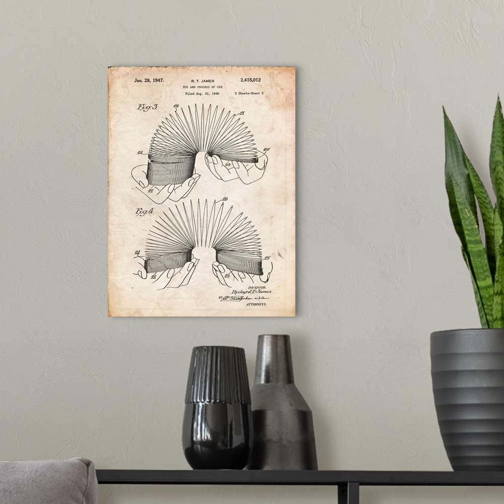 A modern room featuring Vintage Parchment Slinky Toy Patent Poster