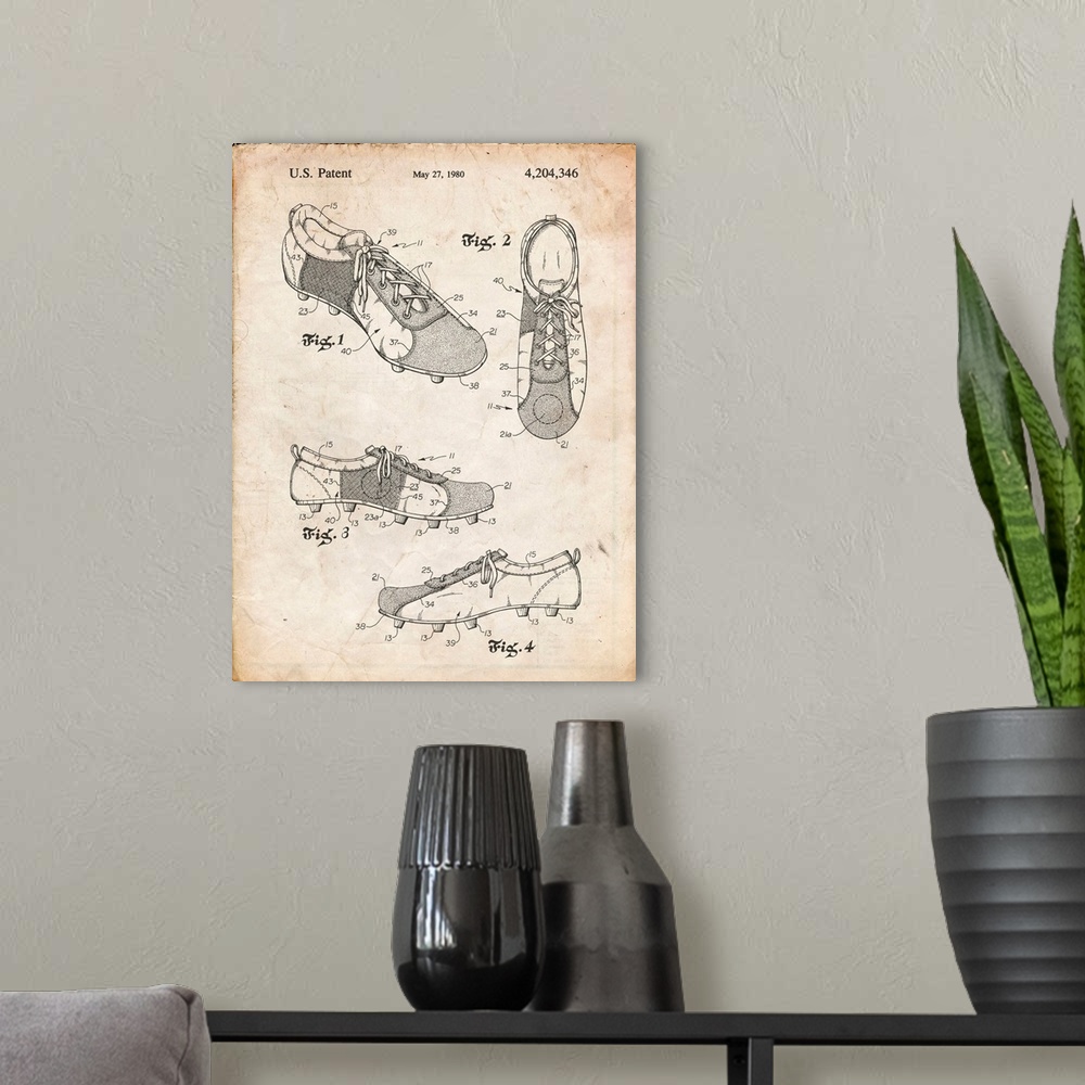 A modern room featuring Vintage Parchment Soccer Cleats Poster
