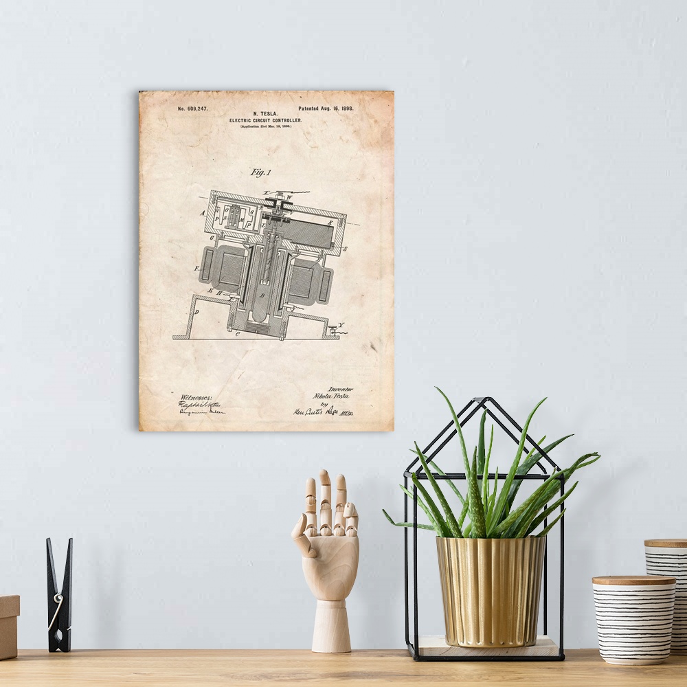 A bohemian room featuring Vintage Parchment Tesla Electric Circuit Controller Poster
